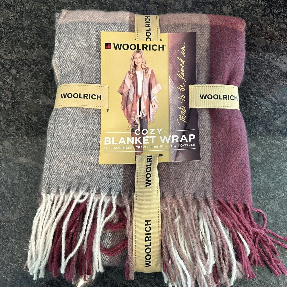 WOOLRICH Cozy Blanket Wrap with Fringe ONE SIZE Luxe Softness Red PLAID - NEW